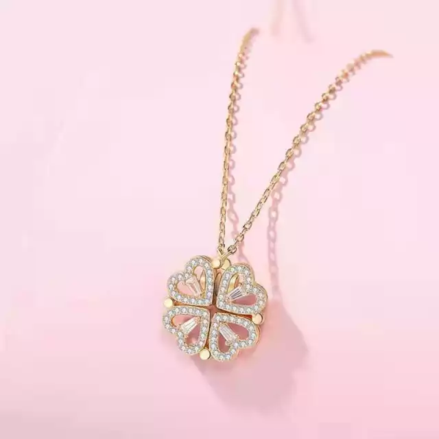 Magnetic Heart Girl Four Leaf Clover Double-Sided Heart Shaped Necklace for Women