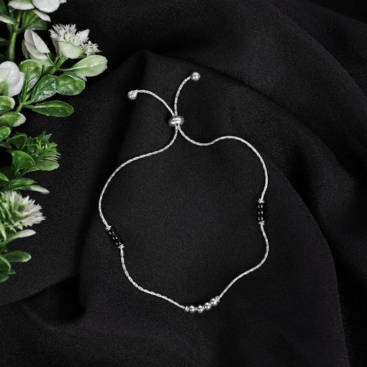 92.5 STERLING SILVER ADJUSTABLE THREE BALL BLACK BEADS ANKLET-1