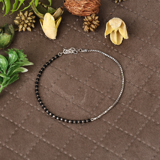 PURE 92.5 STERLING SILVER BLACK BEADS BOX CHAIN ANKLET