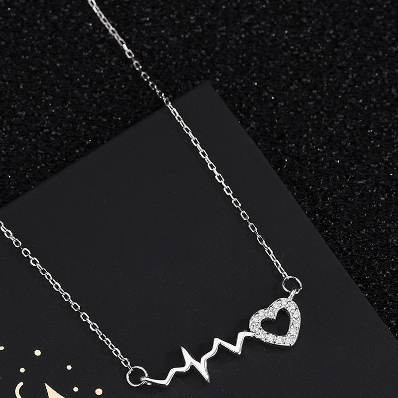 Trendy 925 Sterling Sliver Full Rhinestone Cubic Zerconia Babygirl Heartbeat Pendant Necklace