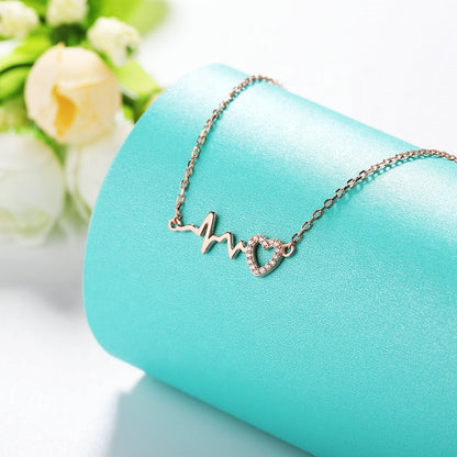 Trendy 925 Sterling Sliver Full Rhinestone Cubic Zerconia Babygirl Heartbeat Pendant Necklace
