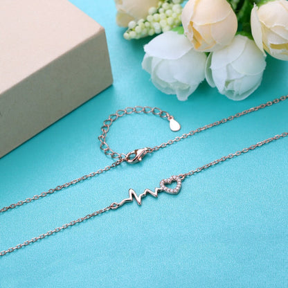 Trendy 925 Sterling Sliver Full Rhinestone Cubic Zerconia Babygirl Heartbeat Pendant Necklace